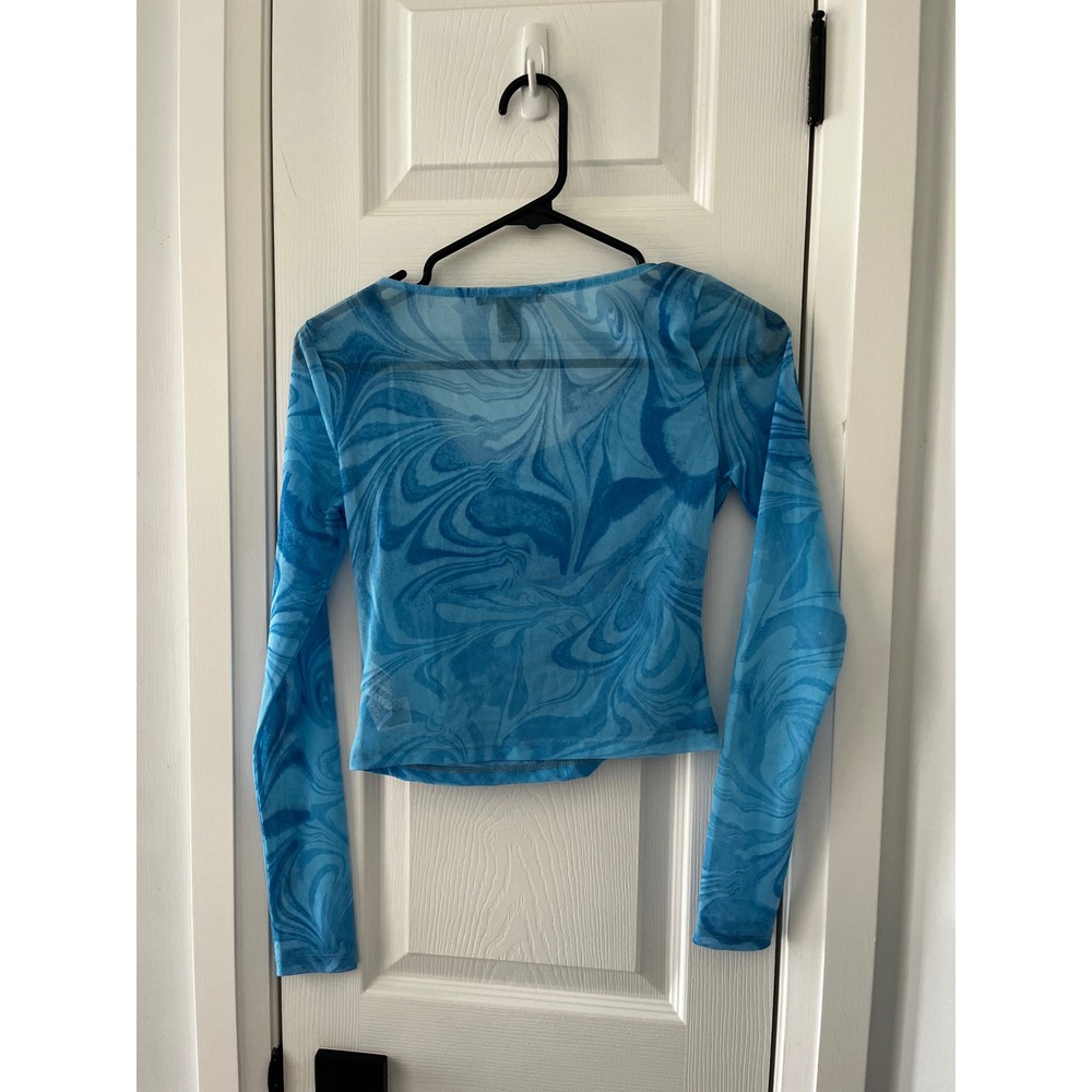 Forever 21 Blue Swirl Mesh Long Sleeve Crop Top Women's Small Y2K Ocean Sheer